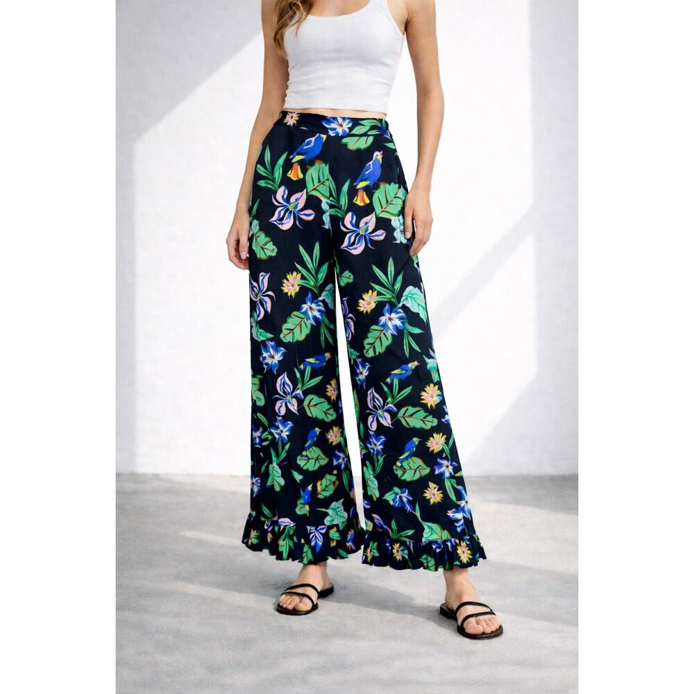 Zara Tropical Wide Leg Palazzo Pants XS Blk Floral Bird Ruffle Hem 100% Viscose
